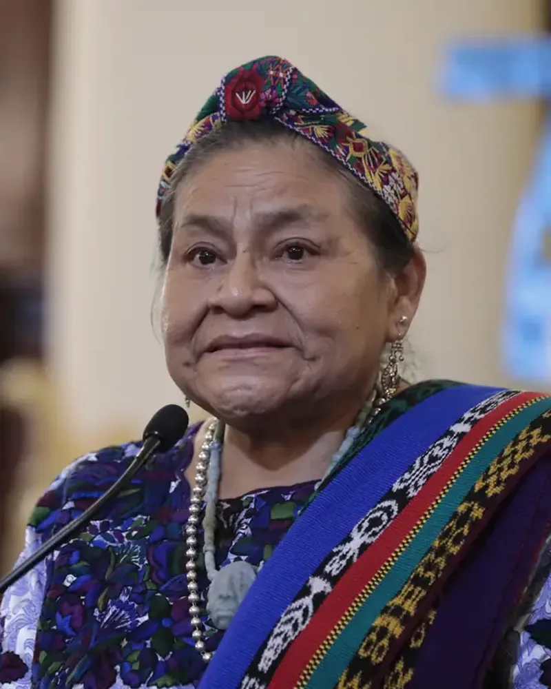 Portrait of Rigoberta Menchu, Nobel Peace Laureate. Indigenous Rights Champion. Voice of the Silenced.